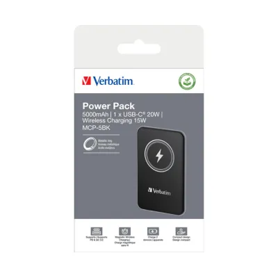 Verbatim Powerbank Charge'n'Go 32240 | 5.000mAh | Magnetisch & Kabellos Qi | PD 3.0 | Quick Charge | USB-C | Schwarz