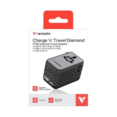 Verbatim Ladeadapter Charge’n’Travel 30190 GaN III 170W | Universal Reiseadapter | 3x USB-C | 1x USB-A | Schnellladen