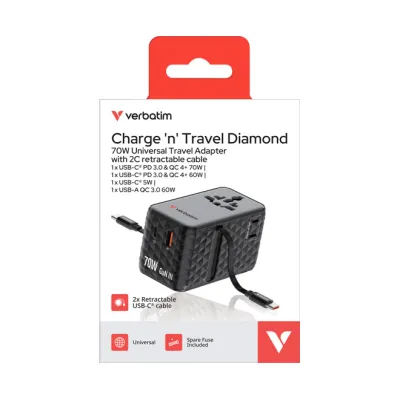 Verbatim Ladeadapter Charge'n'Travel 30186 | GaN III 70W | 2x USB-C | 1x USB-A QC | Universal Reiseadapter | Schwarz