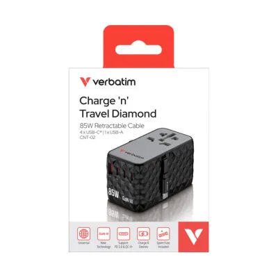 Verbatim Universal-Ladegerät Charge n Travel 85W GaN III | 4x USB-C PD | 1x USB-A QC | Reiseadapter | Schwarz
