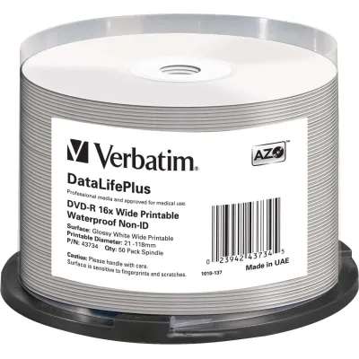 Verbatim DVD-R 4,7GB 16x | Inkjet Printable | Glossy | Waterproof | Weiß | 50 Stück Spindel