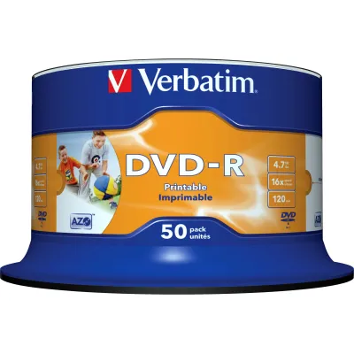 Verbatim DVD-R 43533 | 4,7GB 16x | Inkjet Printable | 120 Min | Cakebox 50 Discs | Weiß