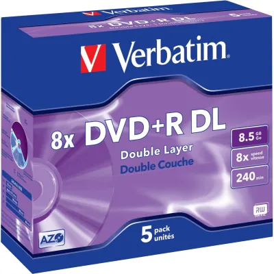 Verbatim DVD+R DL 43541 | Double Layer 8,5GB | 8x Brenngeschwindigkeit | 5er Pack Jewelcase | Matt Silber | Kratzfest