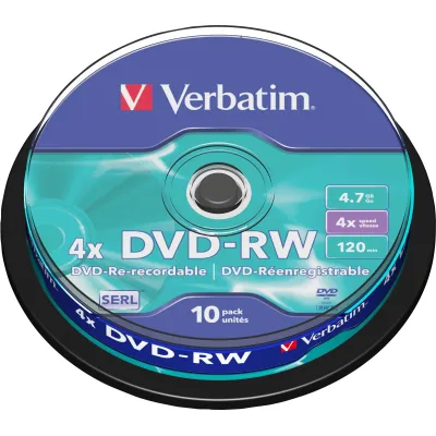 Verbatim DVD-RW Rohlinge 43552 | 4,7GB | 4x Speed | 10er Spindel | Single Layer | Matt Silver | wiederbeschreibbar