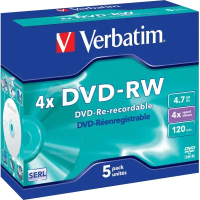 Verbatim DVD-RW 43285 | 4,7GB 4x | wiederbeschreibbar | Single Layer | 120 Min | Jewelcase 5er Pack | kratzfest | silber