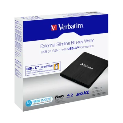 Verbatim Blu-ray Brenner 43889 extern | Slimline USB-C 3.1 | BDXL 100GB | M-DISC | Nero Software | schwarz