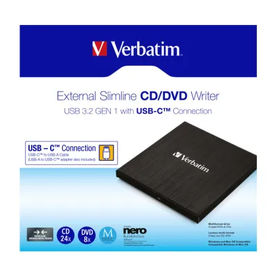 Verbatim Externer DVD-Brenner Slimline 43886 | USB 3.2 Gen 1 USB-C | M-DISC Unterstützung | Nero Software | Schwarz