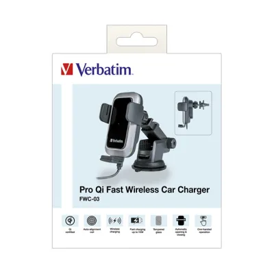 Verbatim Qi Wireless KFZ-Ladegerät FWC-03 Pro | 15W Schnellladen | USB-C | Auto-Halterung | 360° drehbar | Schwarz