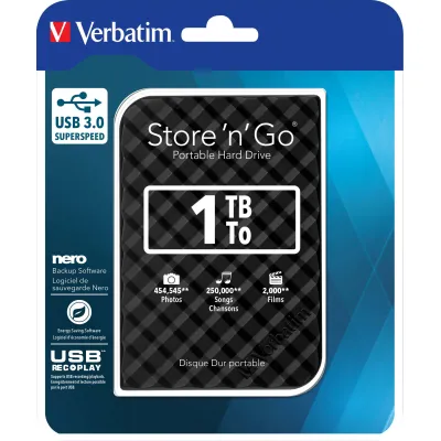 Verbatim Externe Festplatte 1TB Store 'n' Go 53194 | USB 3.0 | 2,5 Zoll | tragbar | schwarz | schnelle Datenübertragung