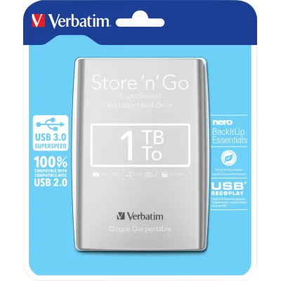 Verbatim Externe Festplatte 2,5 Zoll Store'n'Go 53071 | 1 TB | USB 3.0 | tragbar | silber | inkl. Nero BackItUp