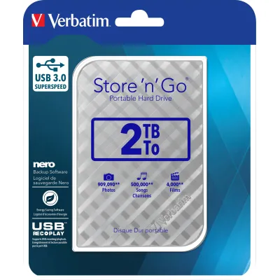 Verbatim Externe Festplatte Store 'n' Go 2TB 53198 | USB 3.0 | 2,5 Zoll | Aluminium | Silber | Nero BackItUp | tragbar