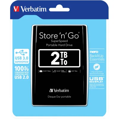 Verbatim Externe Festplatte 2TB | Store 'n' Go 53177 | USB 3.0 | 2,5 Zoll | tragbar | schwarz