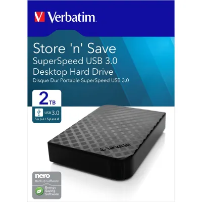 Verbatim Externe Festplatte Store'n'Save 47683 | 2TB | 3,5 Zoll | USB 3.0 | Schwarz | Desktop HDD | inkl. Nero Backup