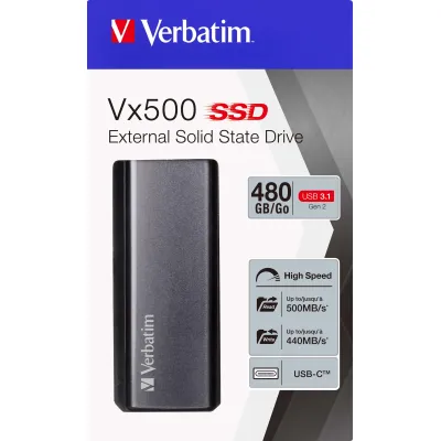 Verbatim Externe SSD Vx500 47443 | 480 GB | USB 3.1 Gen 2 Typ A/C | bis 500MB/s | Aluminium | 1,8 Zoll | Silber
