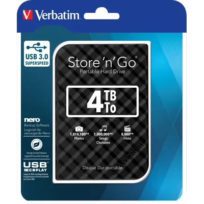 Verbatim Externe Festplatte 53223 | 4 TB | USB 3.0 | 2,5 Zoll | Store 'n' Go | Tragbar | Schwarz