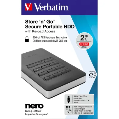 Verbatim Externe Festplatte 53403 | 2TB HDD USB 3.1 Typ-C/Typ-A | Keypad AES 256-Bit | 2,5 Zoll | tragbar | schwarz