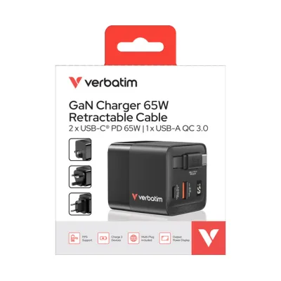 Verbatim GaN-Ladegerät 32217 | 65W USB-C PD & QC 3.0 | 2x USB-C, 1x USB-A | integriertes USB-C-Kabel | schwarz
