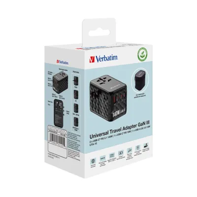 Verbatim Universal-Ladegerät UTA-10 32125 | GaN III Reiseadapter | 140W | 2x USB-C PD | 2x USB-A | Weltweit | Schwarz