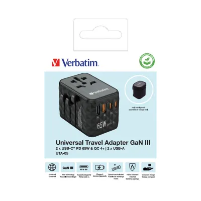 Verbatim Universal-Ladegerät UTA-05 32120 | GaN III | Reiseadapter Weltweit | 2x USB-C PD 65W | 2x USB-A | Schwarz
