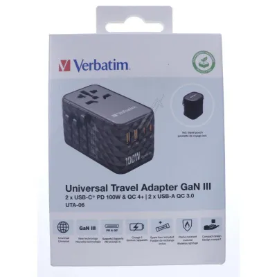 Verbatim Reise-Ladegerät UTA-06 | GaN III | 100W PD | 2x USB-C | 2x USB-A | Weltadapter | schwarz