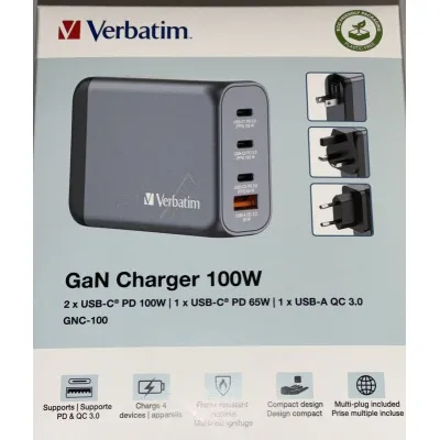 Verbatim Universal-Ladegerät GNC-100 32202 | GaN 100W | 3x USB-C PD | 1x USB-A QC 3.0 | EU/UK/US Stecker | grau