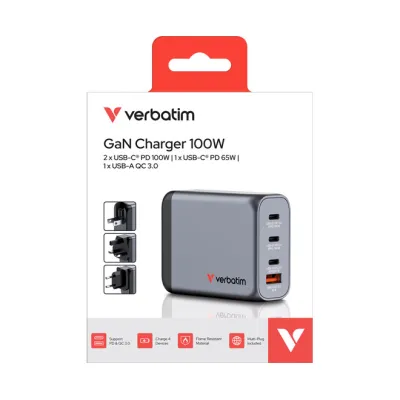 Verbatim Universal-Ladegerät GNC-100 32202 | GaN 100W | 3x USB-C PD | 1x USB-A QC 3.0 | EU/UK/US Stecker | grau