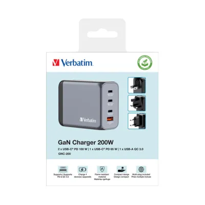 Verbatim Universal-Ladegerät GNC-200 / 32204 | GaN-Technologie | 200W | 3x USB-C PD | 1x USB-A QC 3.0 | grau