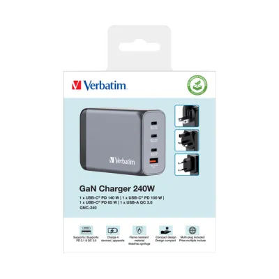 Verbatim GaN Ladeadapter GNC-240 240W | USB-C PD 140W+100W+65W | USB-A QC 3.0 60W | 4 Ports | EU/UK/US Stecker | grau