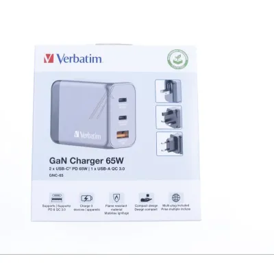 Verbatim GaN Ladegerät GNC-65 32201 | Ladeadapter 65W | 2x USB-C PD 3.0 | 1x USB-A QC 3.0 | Reiseadapter EU/UK/US | Grau