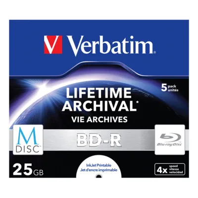 Verbatim M-DISC BD-R 43823 | Blu-ray 25GB | 5er Pack | 4x | Inkjet Printable | Jewel Case | langlebige Archivierung