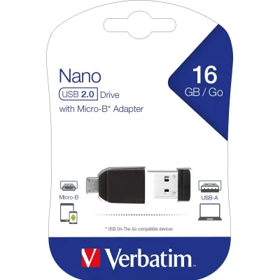 Verbatim USB-Stick OTG Nano 16GB 49821 | USB 2.0 Speicherstick | Micro-B Adapter | kompakt & leicht | schwarz