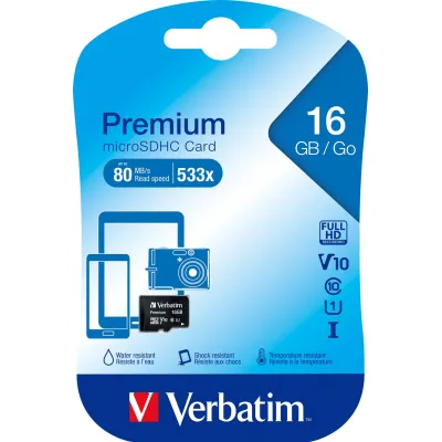 Verbatim microSDHC Karte 16GB | Class 10 | 10MB/s | für Smartphone, Tablet, Kamera | schwarz