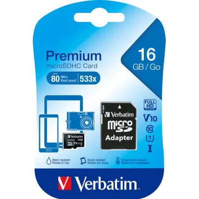 Verbatim microSDHC Karte 16GB | Class 10 | SD-Adapter | bis 80MB/s Lesen | für Smartphone, Kamera, Tablet | schwarz