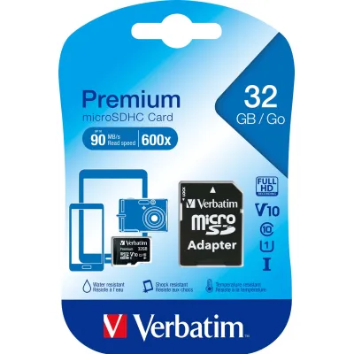 Verbatim microSDHC Speicherkarte 32GB 44083 | Class 10 | UHS-I | inkl. SD-Adapter | 90MB/s | wasserdicht | schwarz