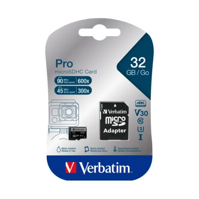 Verbatim microSDHC 32GB Pro U3 UHS-I Speicherkarte | 90MB/s | Class 10 | 4K | inkl. Adapter | Schwarz