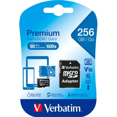 Verbatim microSDXC Speicherkarte 256GB W125743309 | Class 10 UHS-I U1 | 90MB/s Lesen | inkl. SD-Adapter | schwarz