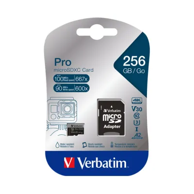 Verbatim microSDXC Karte 47045 256GB | UHS-I U3 V30 | bis 100MB/s Lesen 90MB/s Schreiben | Class 10 | Adapter | schwarz
