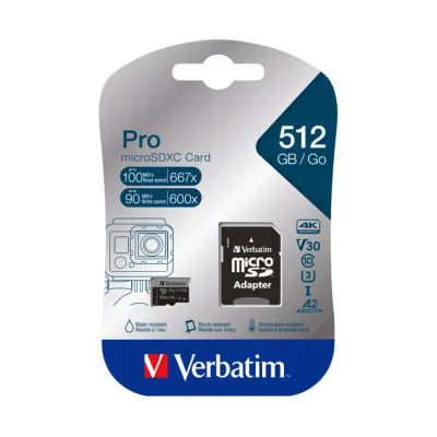 Verbatim microSDXC Speicherkarte 512GB | Class 10 UHS-I U3 | Pro | 100MB/s Lesen | 90MB/s Schreiben | inkl. SD-Adapter