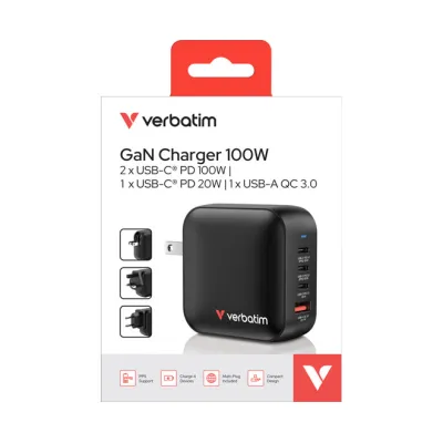 Verbatim Mini GaN Ladegerät 32231 | 100W USB-C PD 3.0 & USB-A QC 3.0 | 4-Port Universal-Ladeadapter | kompakt | schwarz