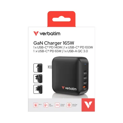Verbatim Universal-Ladegerät Mini GaN 32216 | 165W | 3x USB-C PD | 1x USB-A QC 3.0 | EU/US/UK-Stecker | schwarz