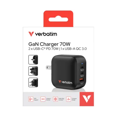 Verbatim Mini GaN Ladegerät 32229 | 70W | 2x USB-C PD | 1x USB-A QC 3.0 | 3 Ports | EU/UK/US Adapter | ultrakompakt