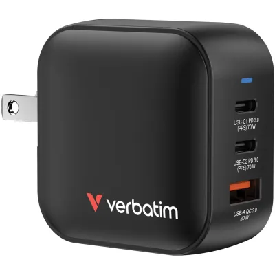 Verbatim Mini GaN Ladegerät 32229 | 70W | 2x USB-C PD | 1x USB-A QC 3.0 | 3 Ports | EU/UK/US Adapter | ultrakompakt