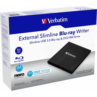 Verbatim Externer Blu-ray Brenner 43890 | USB 3.0 | Slimline | BDXL | M-DISC | inkl. 25GB Blu-ray Disc | Schwarz