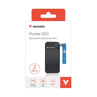 Verbatim Pocket SSD 32195 | Externe SSD 2TB USB 3.2 Gen 2 Typ-C | 10 Gbps | Schlüsselring | Kabelhalter | schwarz/blau
