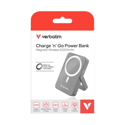 Verbatim Powerbank 32268 | 10.000mAh | MagSafe-kompatibel | 15W magnetisches Laden | USB-C PD 20W | Standfuß | grau