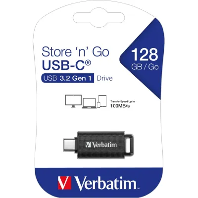 Verbatim USB-Stick 128GB 49459 | USB-C 3.2 Gen 1 | Retractable | bis 100MB/s Lesen | Typ-C Speicher | schwarz