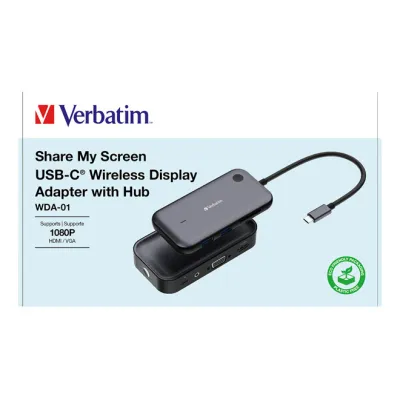 Verbatim Netzwerkadapter Hub WDA-01 32146 | Wireless USB-C Adapter | 1080p | HDMI & VGA | SD/microSD | schwarz