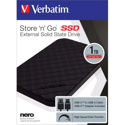 Verbatim Externe SSD Store 'n Go 53230 | 1TB USB 3.2 Typ-C/A | tragbar, 2,5 Zoll, Backup-Software, schwarz