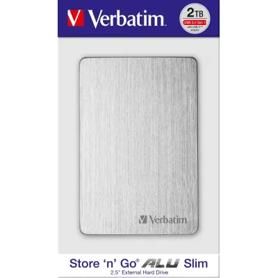 Verbatim Externe Festplatte 2TB Store 'n' Go ALU Slim 53666 | USB 3.2 Gen 1 | 2,5 Zoll | Aluminium | Silber