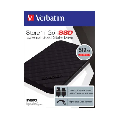 Verbatim Externe SSD Store n Go 53250 | 512 GB | USB 3.2 Typ-C & Typ-A | 2,5 Zoll | Backup-Software | Schwarz